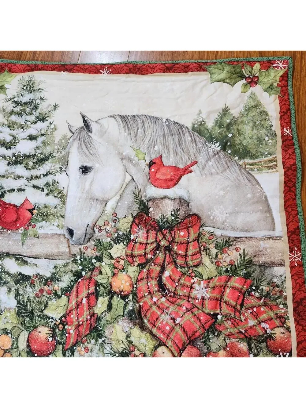 Handmade Holiday White Horse Cardinal Bird Trees Winter Wall Hanging 35x42 Inch